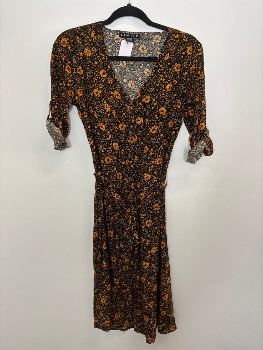 Limitless Black Wrap Dress with Mustard Floral Print